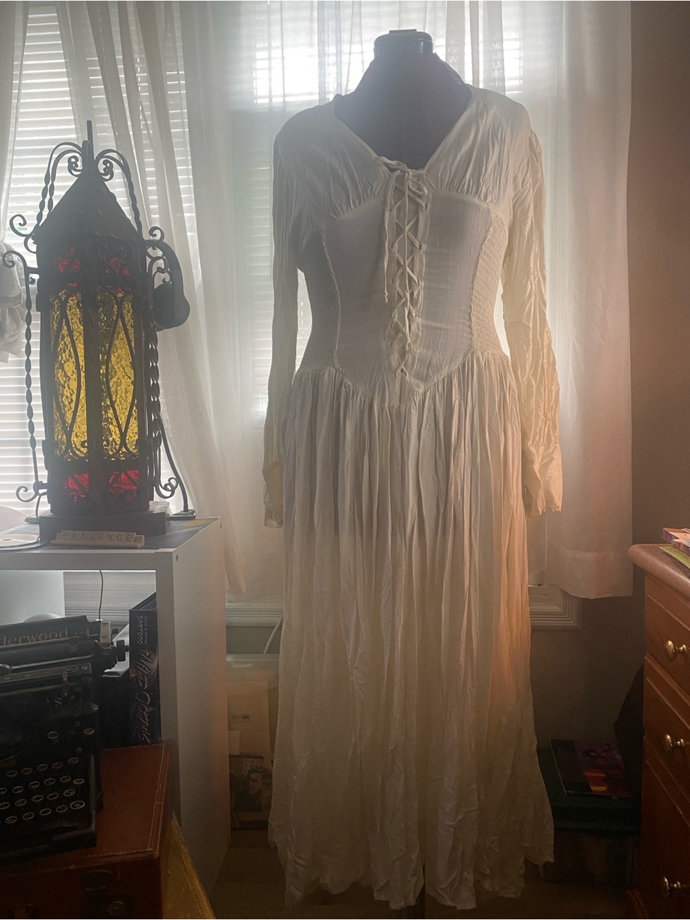 Vintage RADAR Bohemian Cottage Lace-Up Long Sleeve Cream Maxi Dress